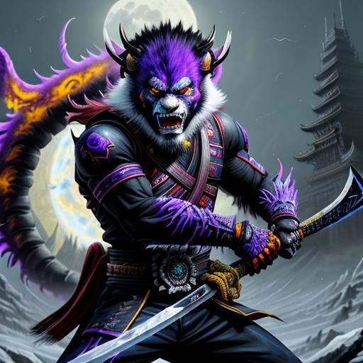 RacBat RacSamurai RacAura RacEnchanter Rabid Sabertooth Bloodstained Nodachi Ice Blizzard Hyperdetailed Oil Painting, De...