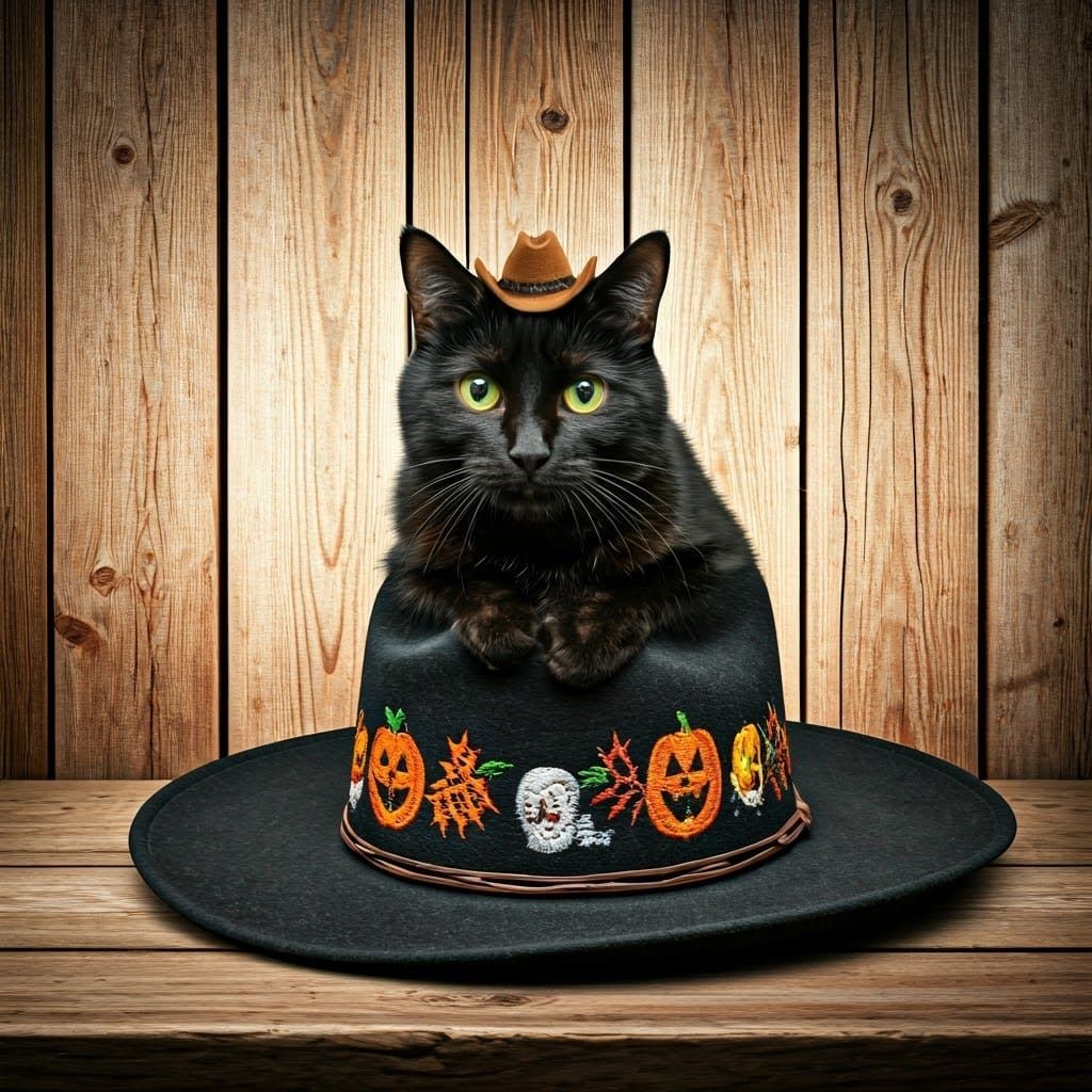 Halloween Rancher Hat with Cowboy Cat, Professional Photogra...