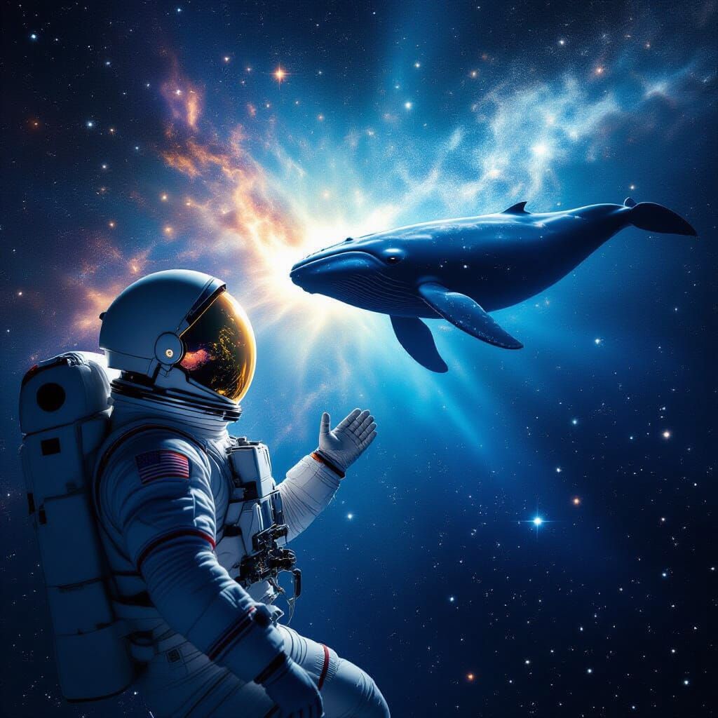 Astronaut and Whale Encounter in Space, Cinematic Style