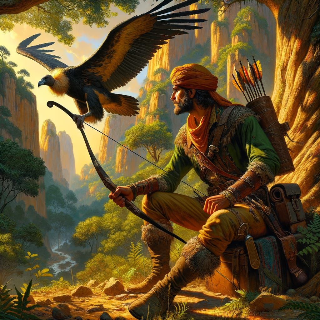 Middle Eastern Hunter and Condor in Wilderness