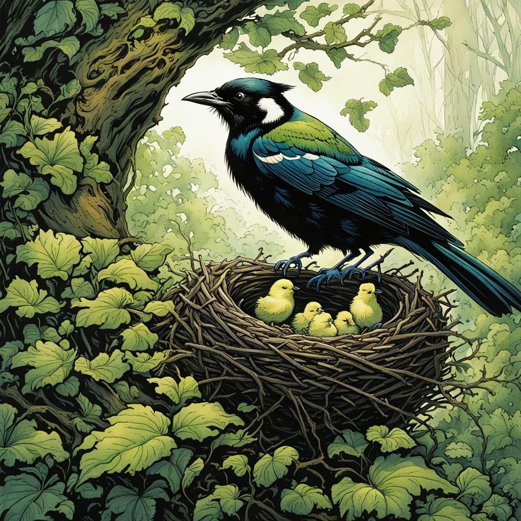 Magpie Feeds Chicks: Ink Sketch in Comic Style