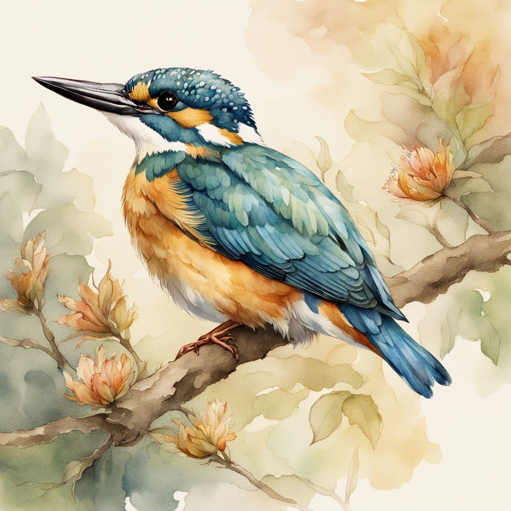 Kingfisher Portrait in Beatrix Potter Watercolor Style