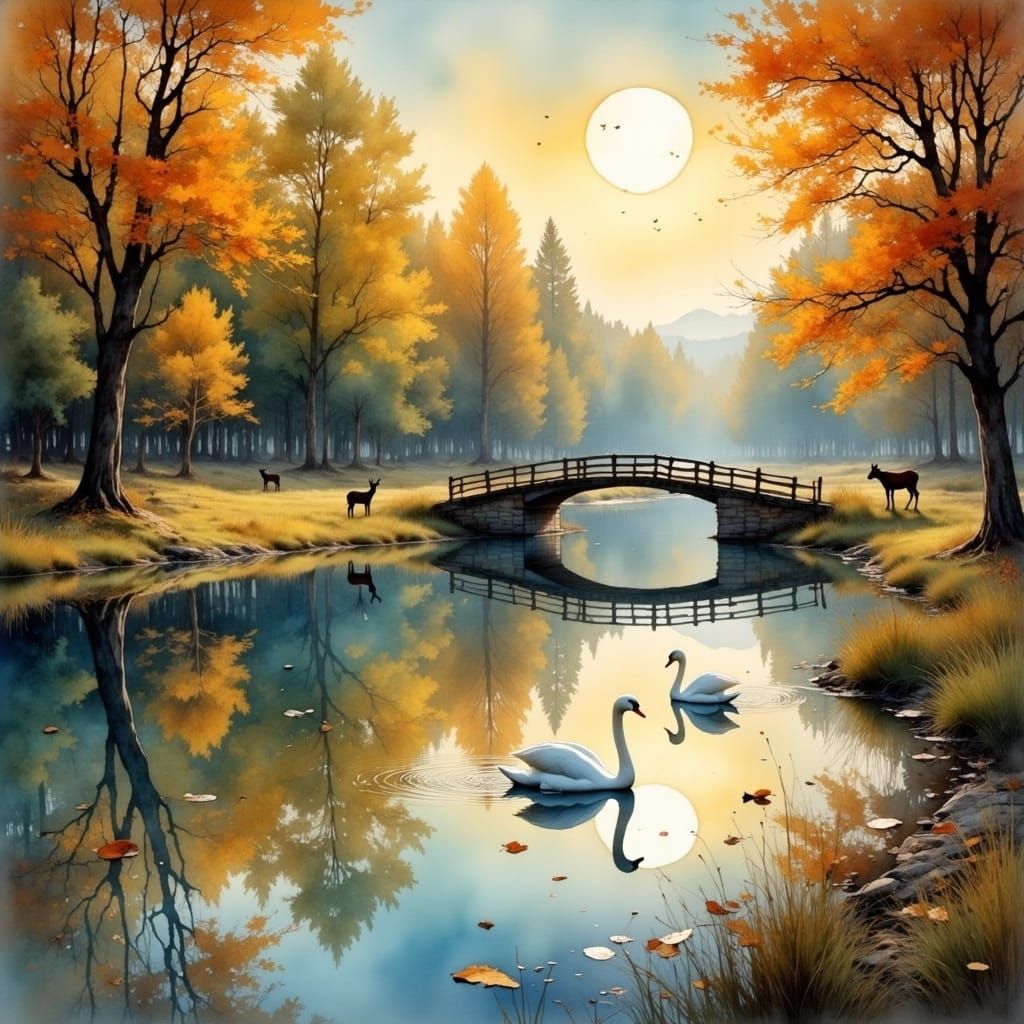Autumn Lake with Swans in Impressionist Style