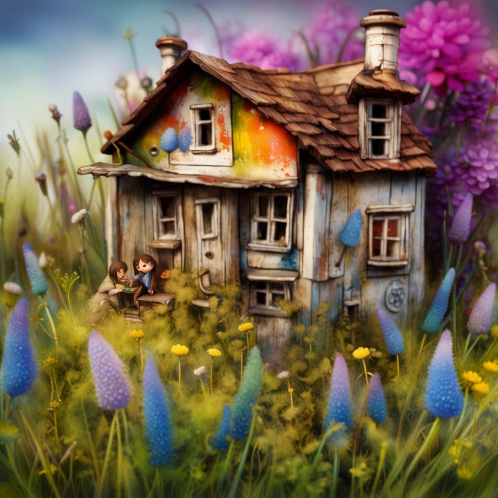 Dollhouse in Wildflower Field, Graffiti Art Style