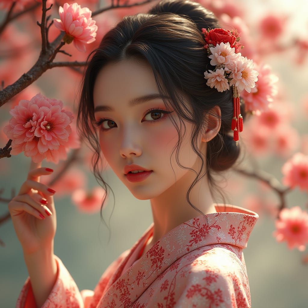 Hyperrealistic Oil Painting of Asian Woman in Traditional Ki...
