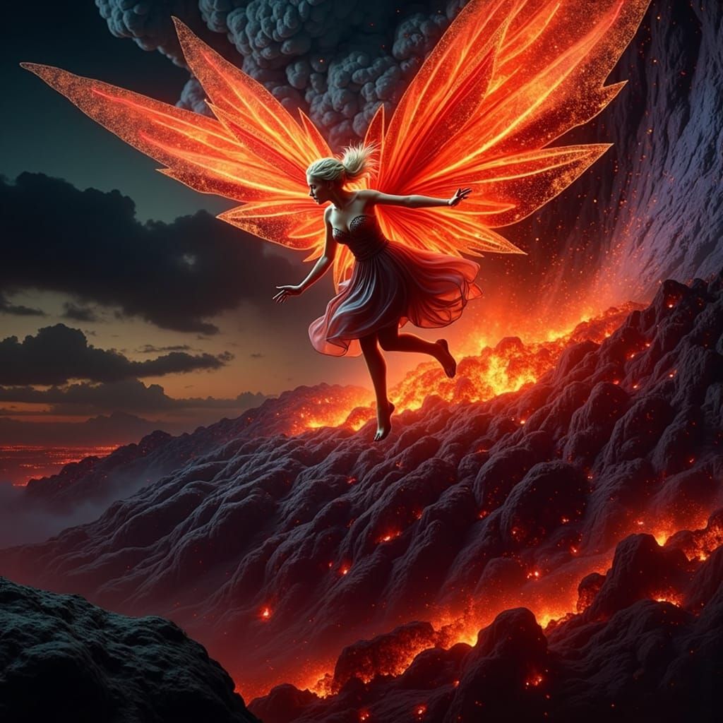 Fairy Flight from Erupting Volcano in Dark Fantasy Style