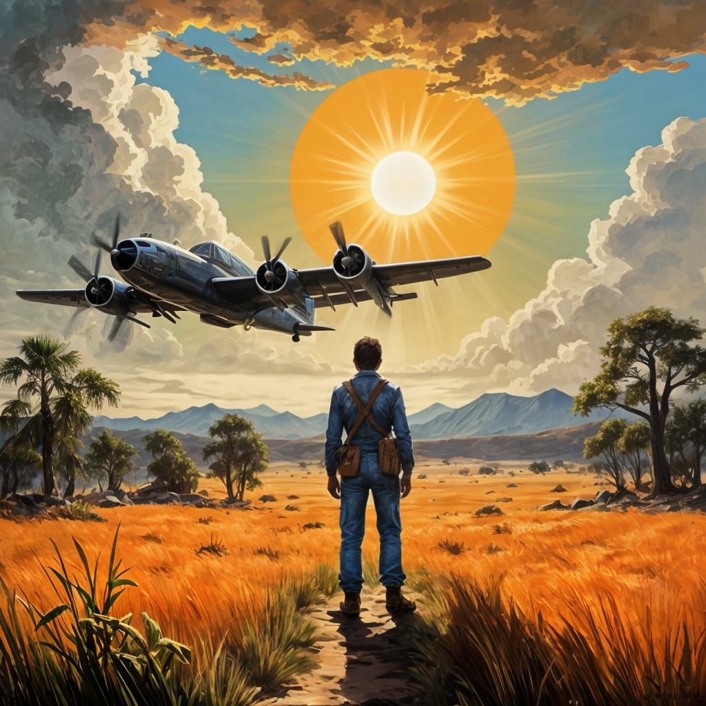 A Young Boy Marvels at a Sunlit Bomber Silhouette