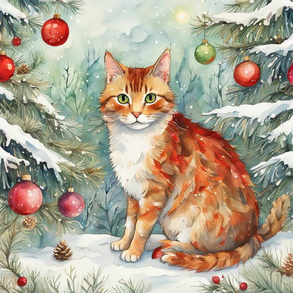 Whimsical Christmas Cat in Warm Watercolor Style