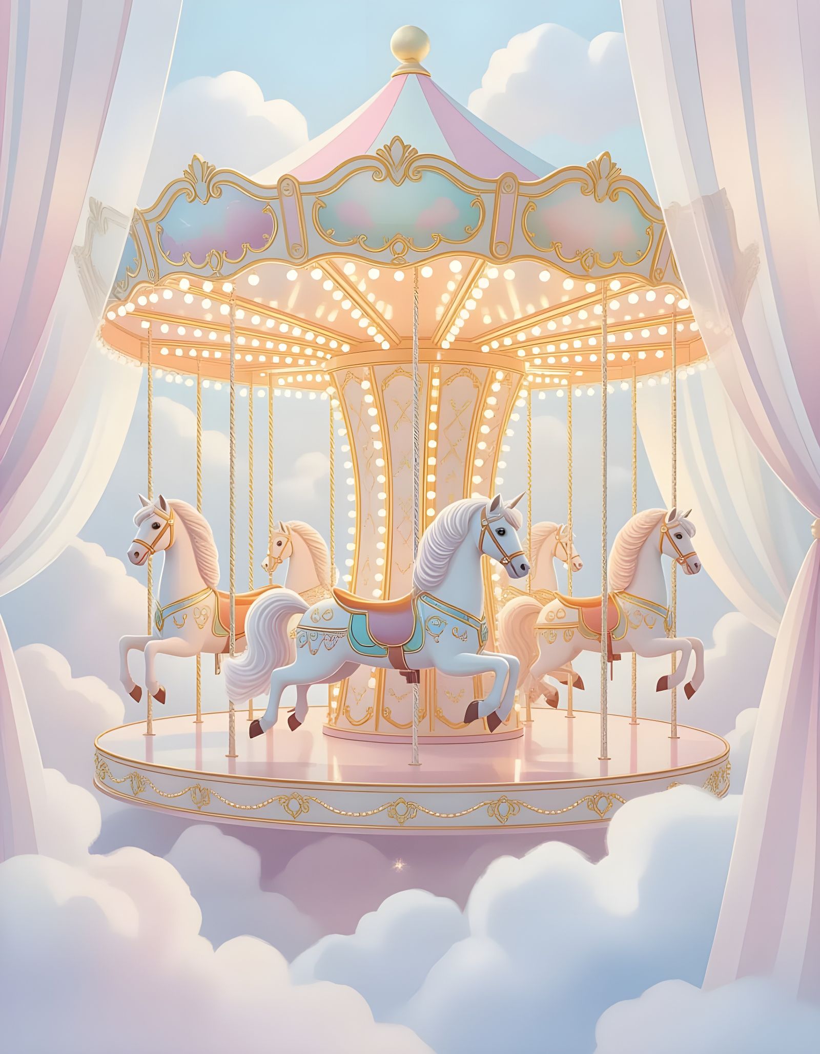 Pastel Rainbow Carousel Floating in Dreamy Watercolor Clouds
