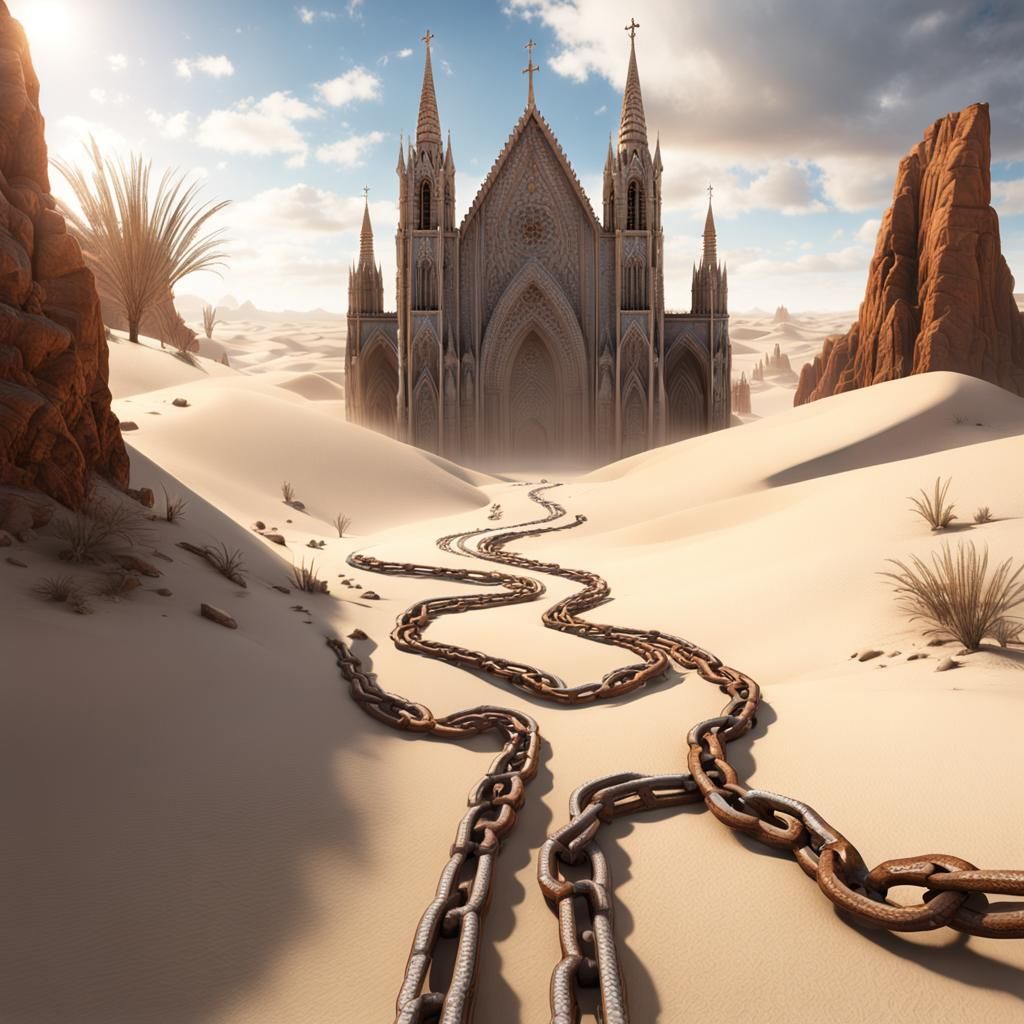 Rusted Chains in White Desert Cathedral: Fantasy Art
