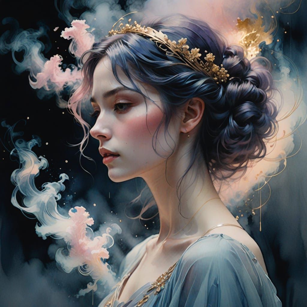 Ethereal Ballerina in Smoky Silhouette, Watercolor Backgroun...