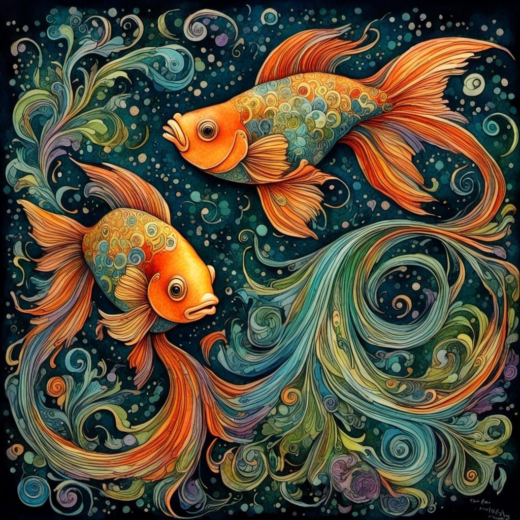 Ornate Goldfish with Flowing Fins in Vintage Style