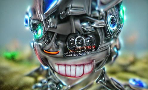 Creepy Smiling Cyborg Robot in Hyperrealism 8K
