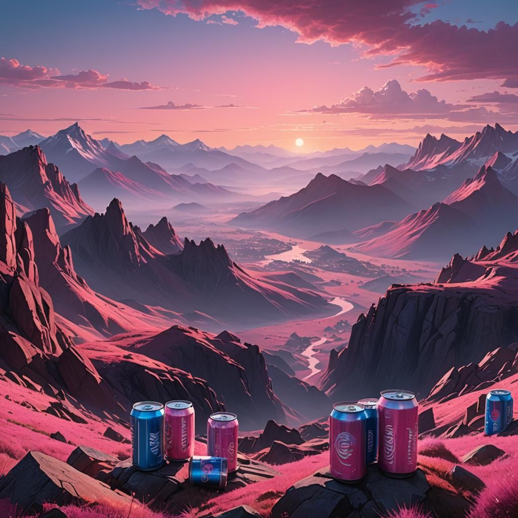 Pink and Blue Mountain Vista with Drinks, Digital Art