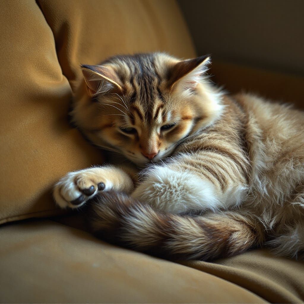 Sleeping Cat on a Soft Couch in Realistic Style