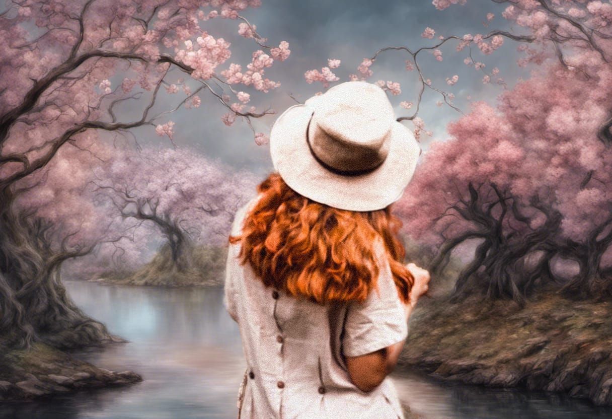 Pop Surrealism: Lakeside Cherry Blossoms in Pastel