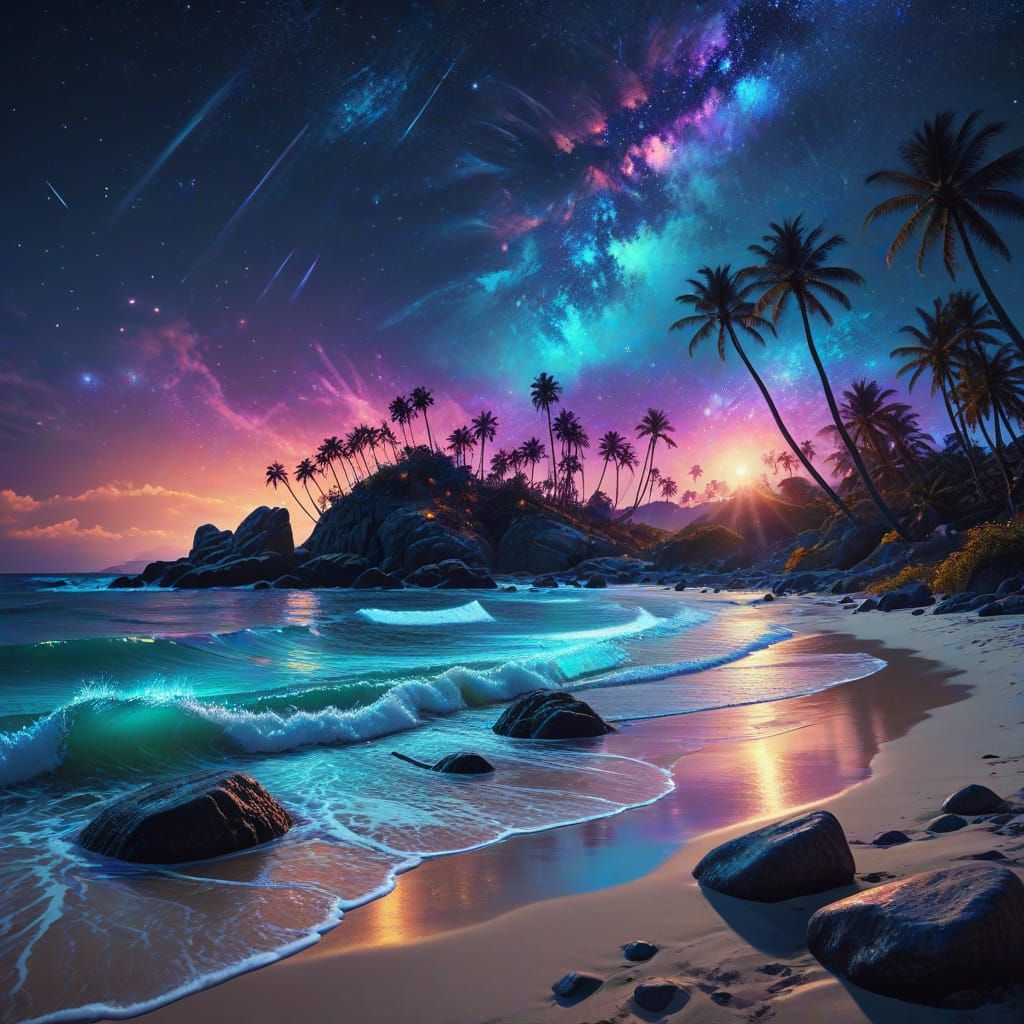 Bioluminescent Beach Under Astral Sky: Cosmic Digital Art