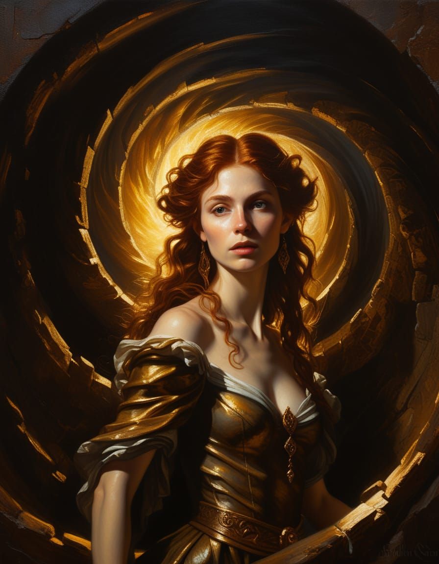 Mysterious Elf Woman in Baroque Vortex, Rembrandt Inspired