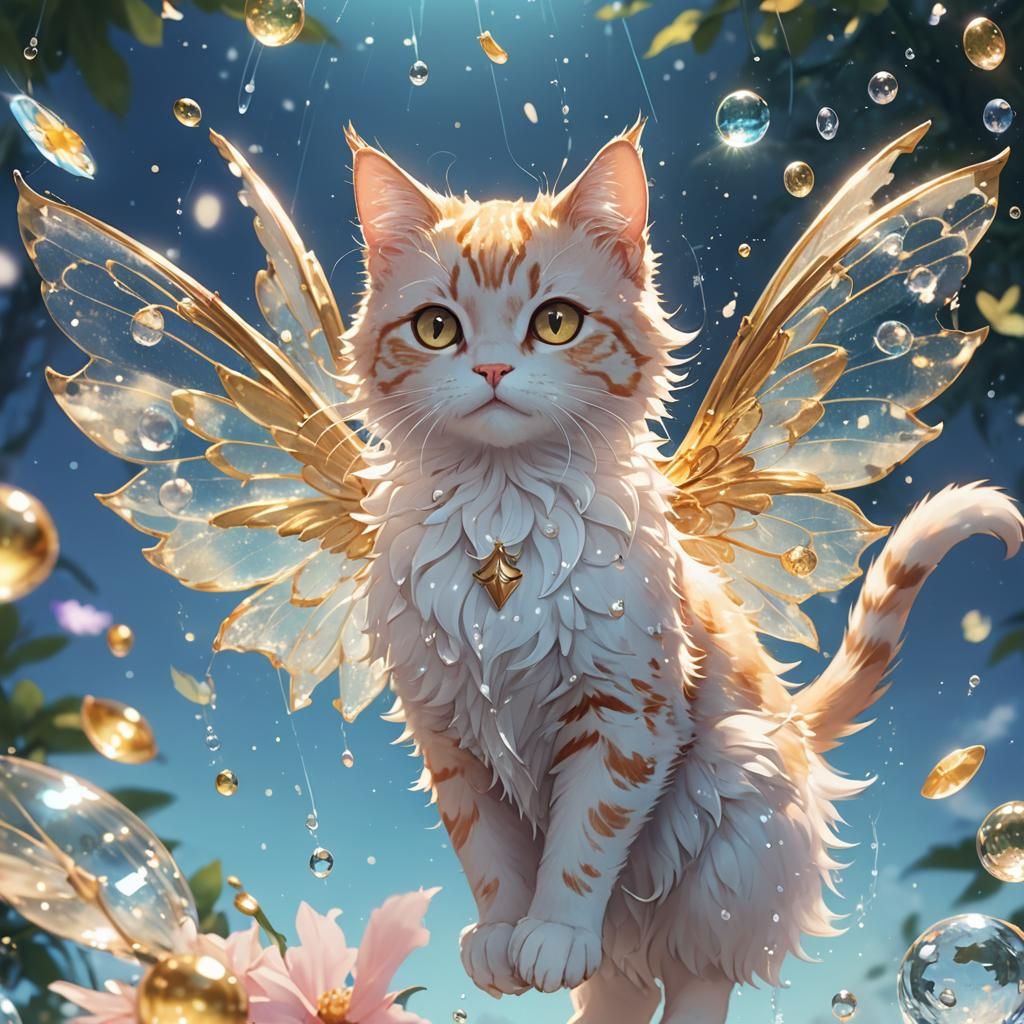 Magical Cat Fairy Floating in Dreamy Sky
