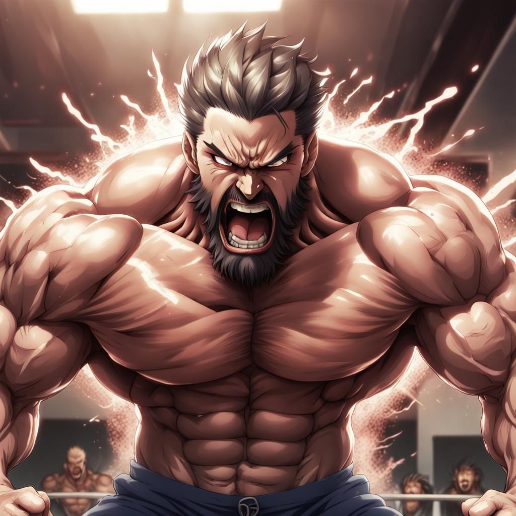 Raging Bearded Muscle Man in Anime Style