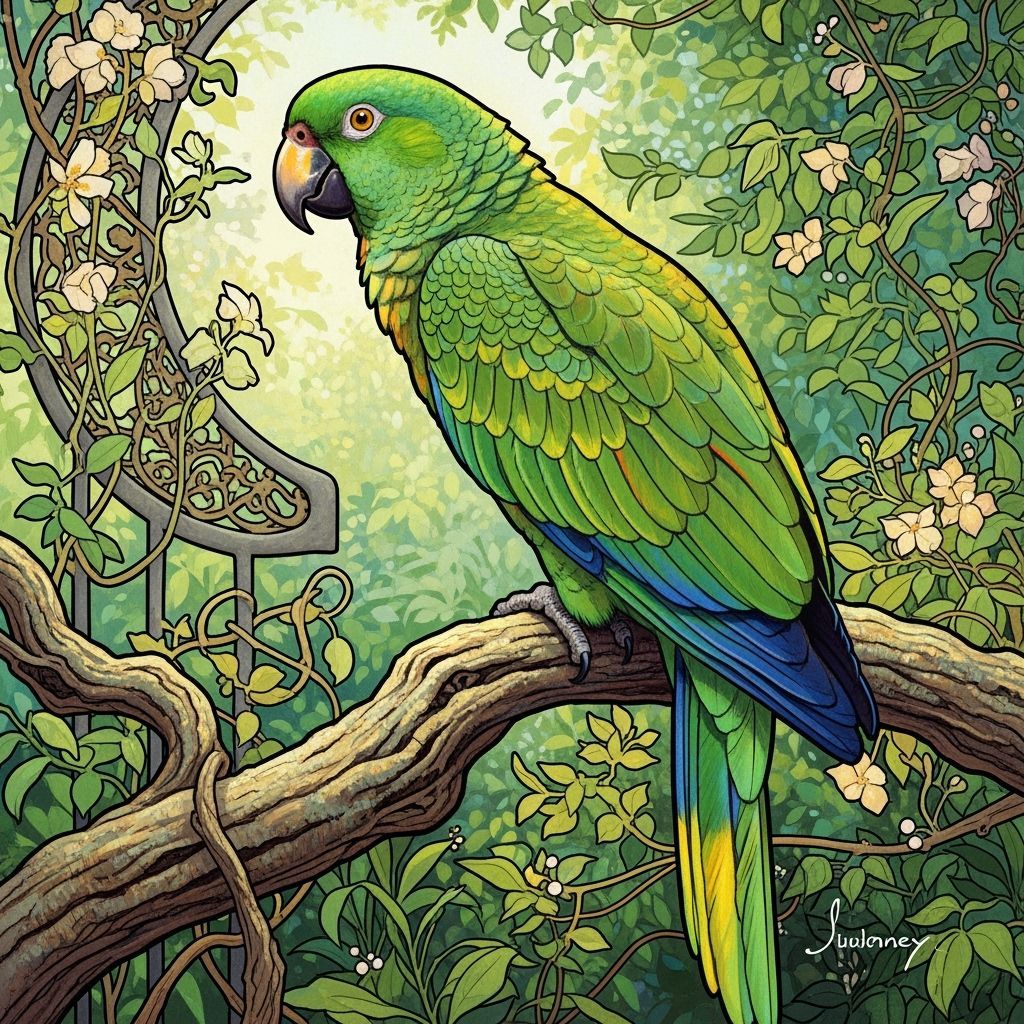 Vibrant Green Parrot in Art Nouveau Style