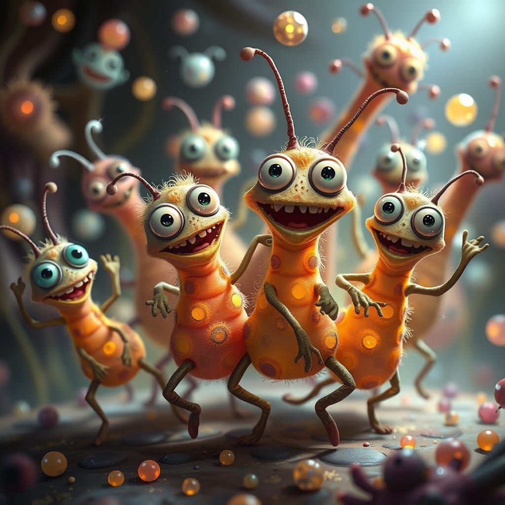 Whimsical Anthropomorphic Microbes Dancing Joyfully