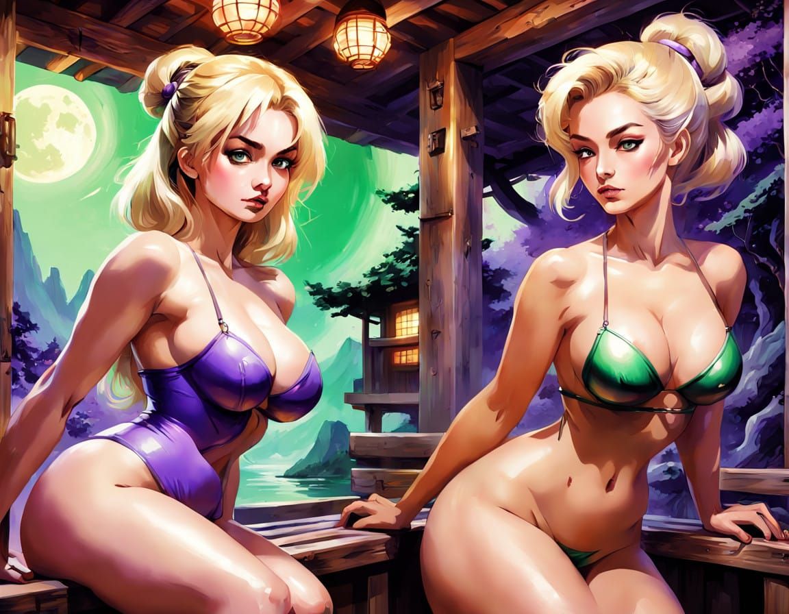 Solarpunk Goddesses in a Sauna, Inspired by Shitao's Elegant...