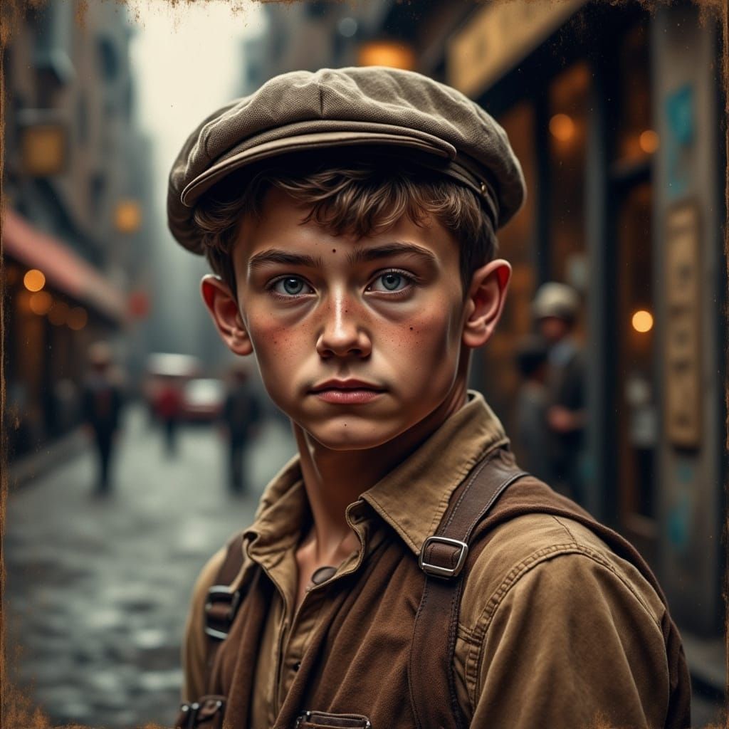 1930s Paperboy Portrait in Grungy Oil Painting Style
