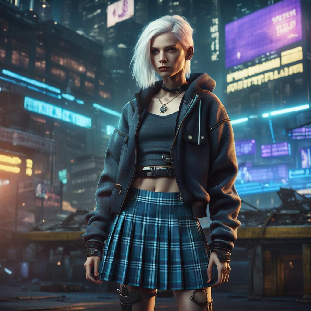 Cyberpunk Hacker Girl in Tartan Skirt: 8K Art