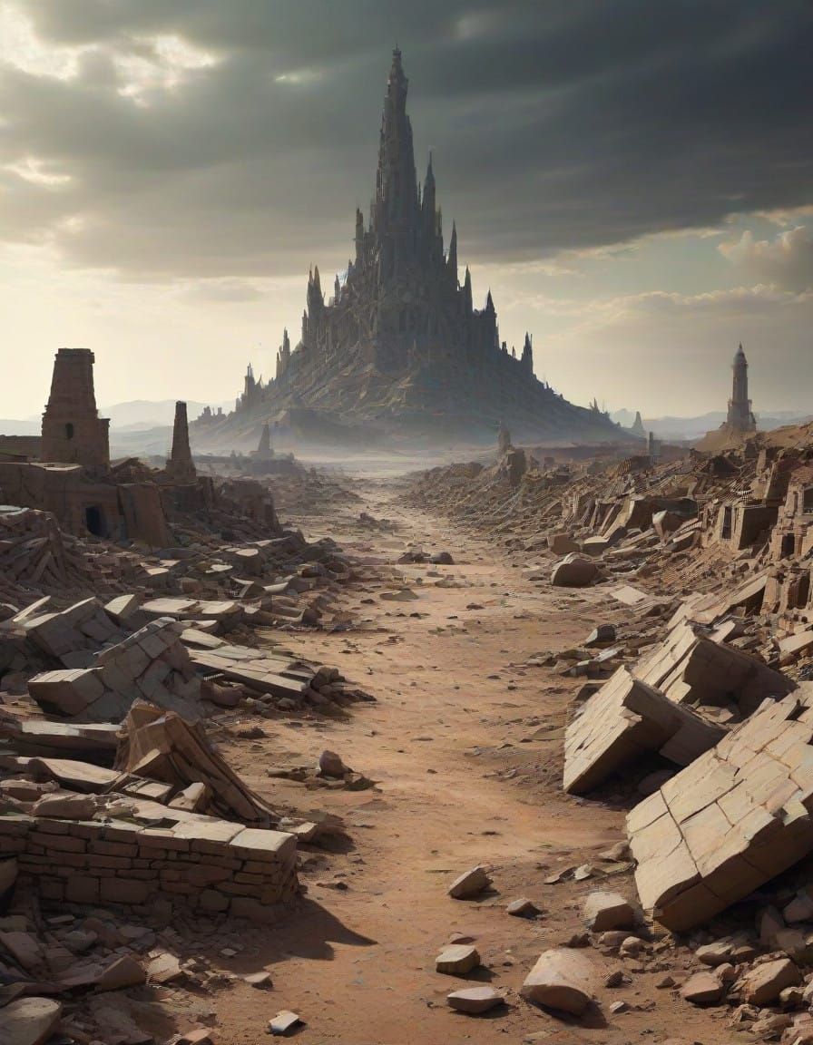 Dystopian Wasteland with Shattered Tower of Babel