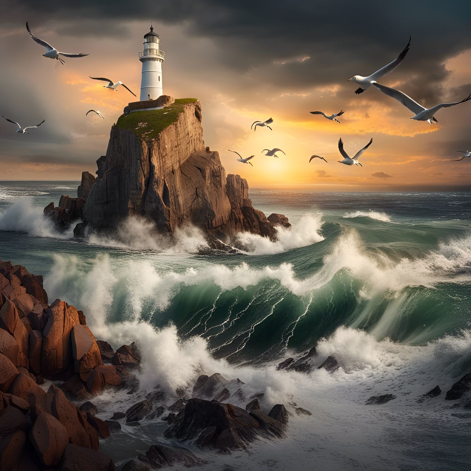 Stormy Sunset on Rocky Shoreline: Digital Matte Painting