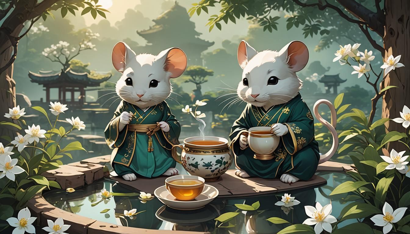 Chinese Garden Mouse Enjoying Jasmine Tea: Anime Art