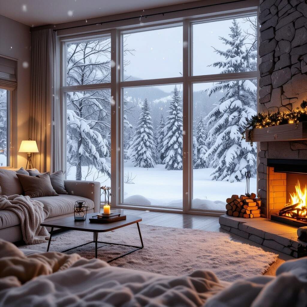 Surreal Snowstorm Inside a Cozy Living Room