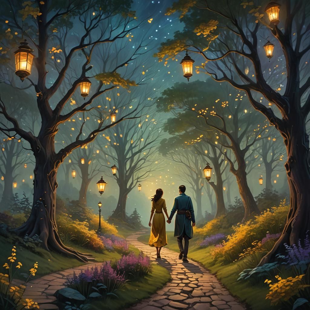 Fantasy Couple on Winding Path in Matte Painting Style