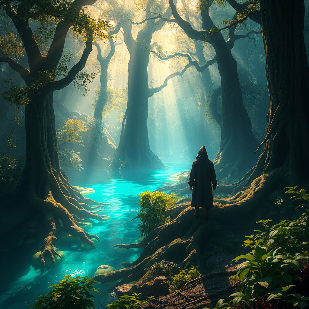 Ethereal Glowing Forest with Hooded Figure