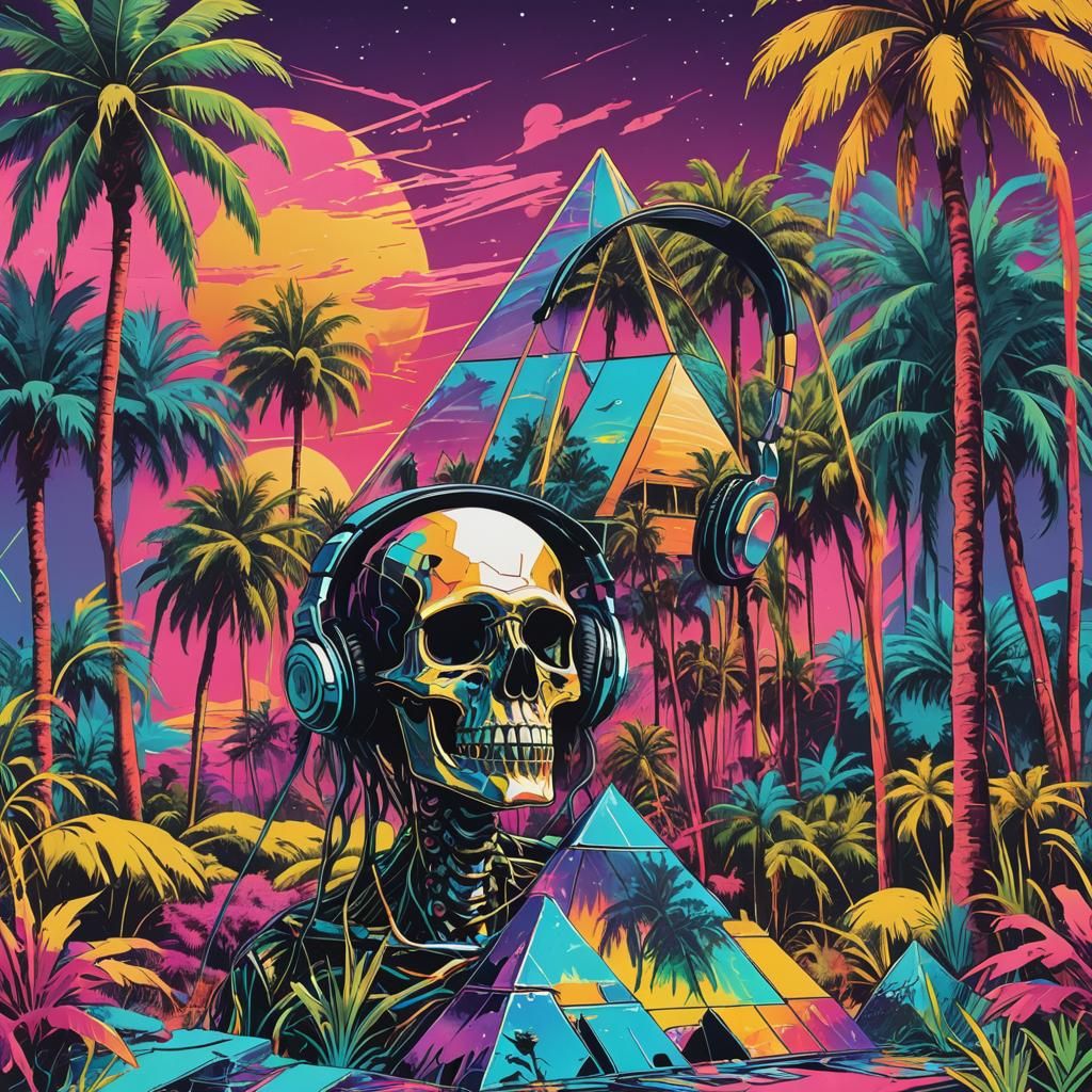 Psychedelic Skeletons Dance Before Pyramid in Cosmic Art