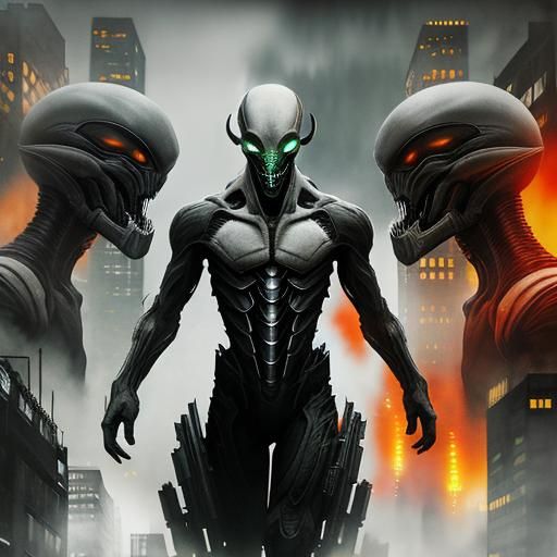 Surreal Double Exposure: Alien and Dystopian Cityscape