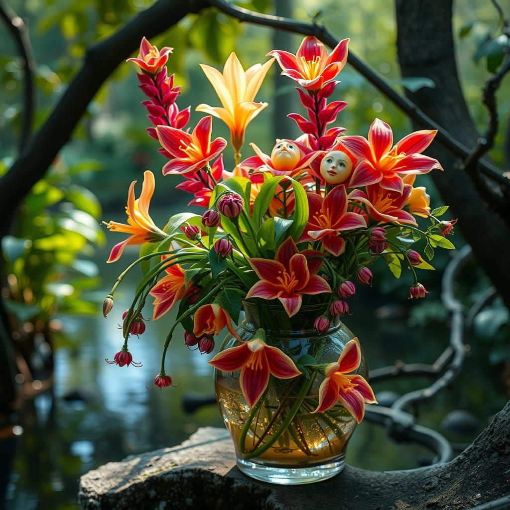 Exotic Alien Flowers with Faces in Glass Vase