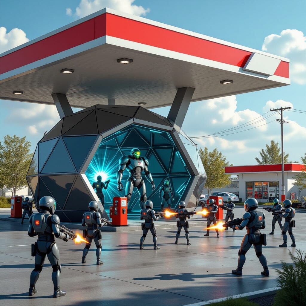 Geodesic Lair Under Gas Station with Android Army