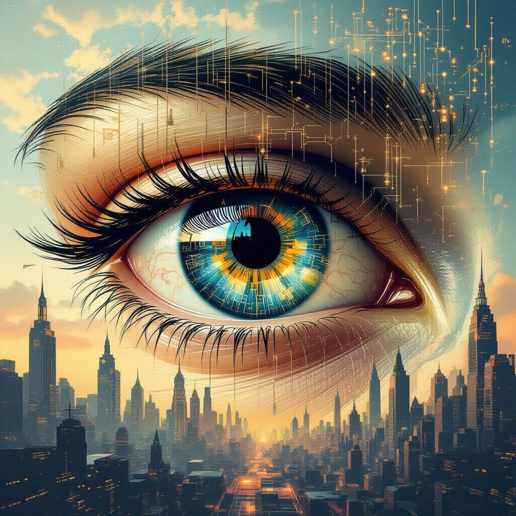Digital Fresco Eye with Data Streams and Abstract Cityscape