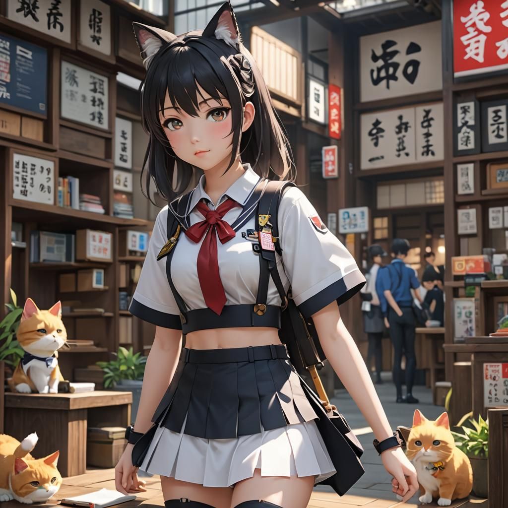 Hyperrealistic Anime Catgirl in School Uniform