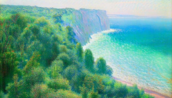 Vibrant Forest Meets Vast Turquoise Sea at Sun-Kissed Shore