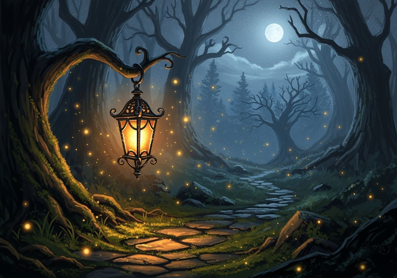 Ancient Lantern Guides Path Through Mystical Moonlit Forest