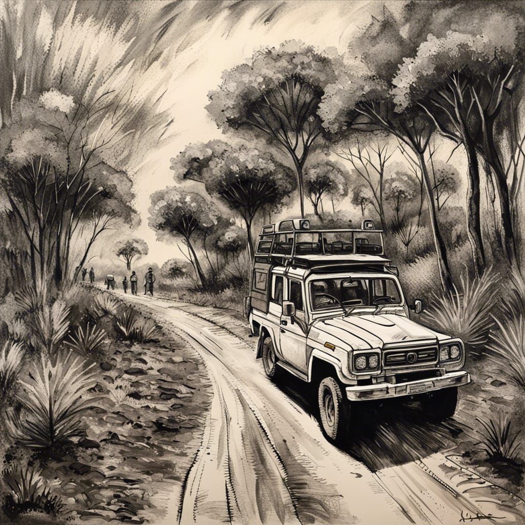 Extremely detailed black and white Ink drawing of a kenyan safari with a Landcruiser: beautiful, calm, serious : neo-imp...