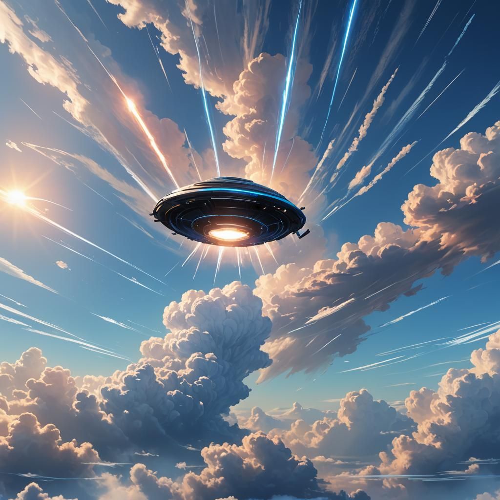 UFO Soaring Through Blue Sky: 3D Anime Art