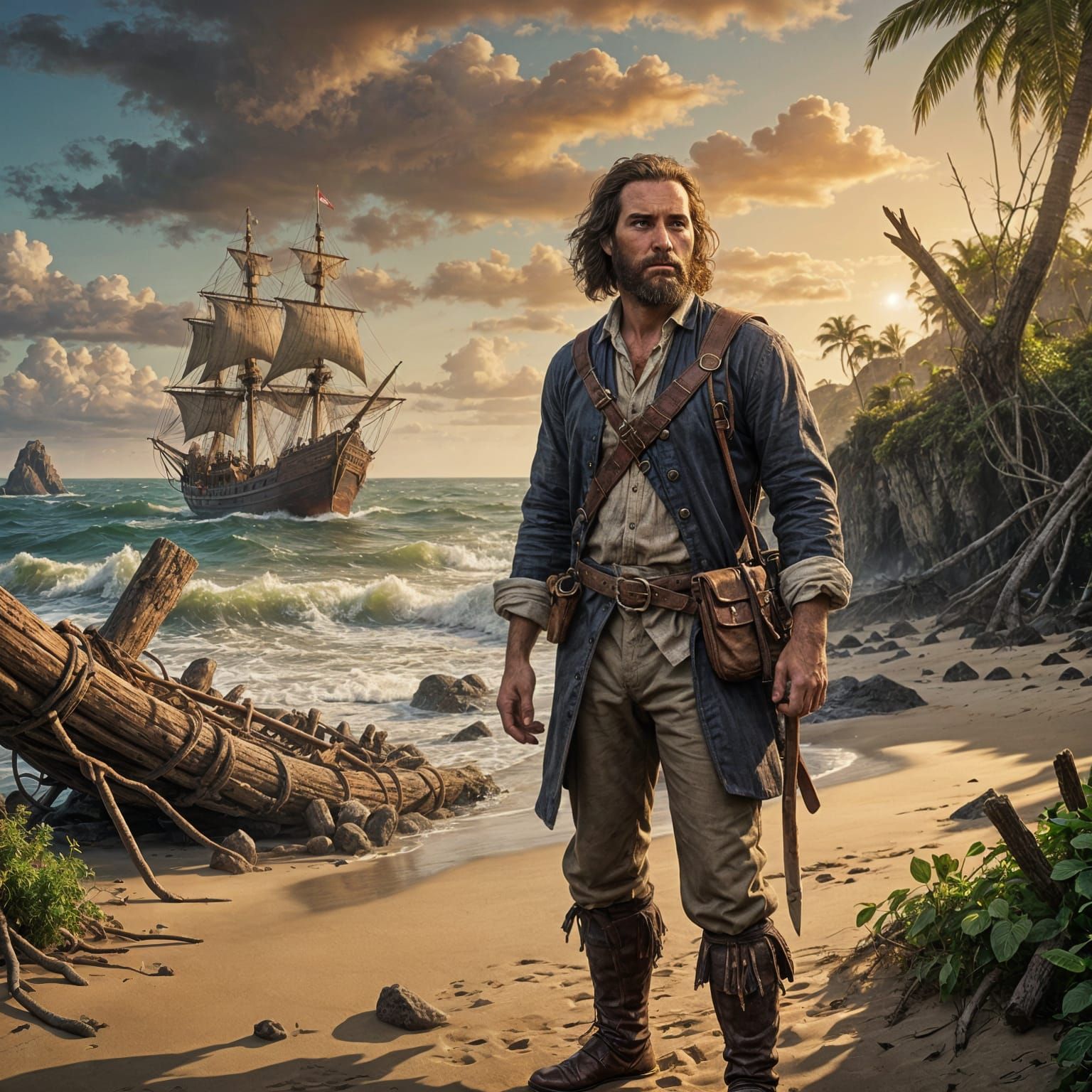Robinson Crusoe in Isolated Island Landscape