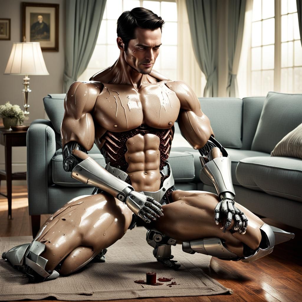 Wounded Android Butler in Cozy Living Room