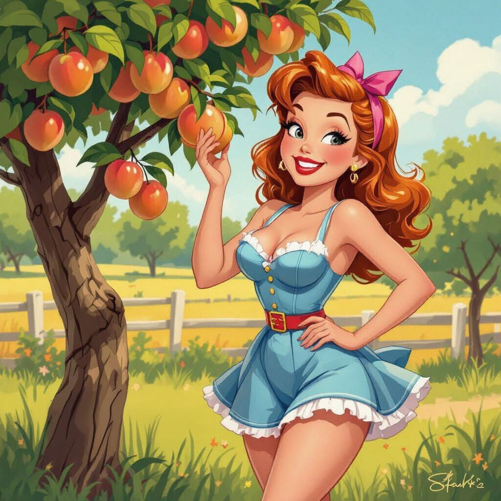 Country Girl Beside Peach Tree in Vintage Comic Style