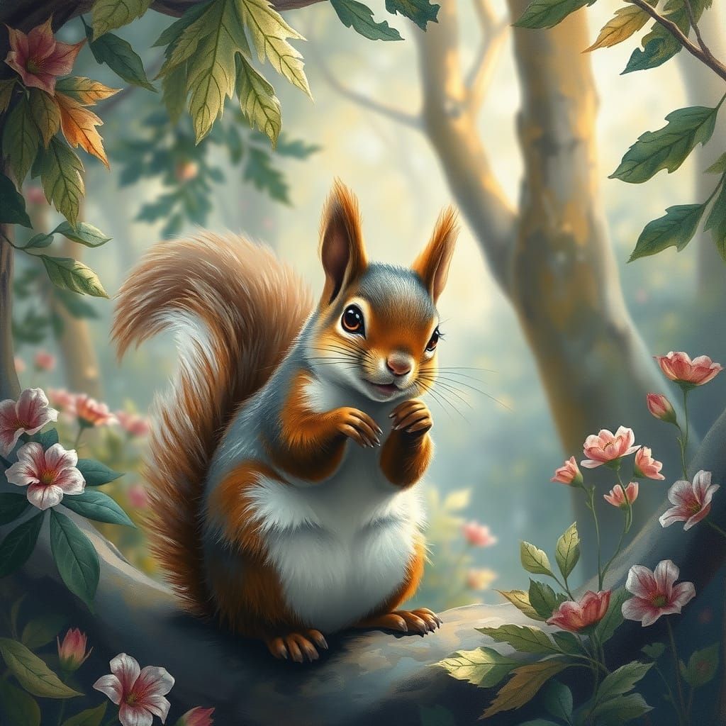 Squirrel in Ethereal Forest: Gouache Impressionist Painting