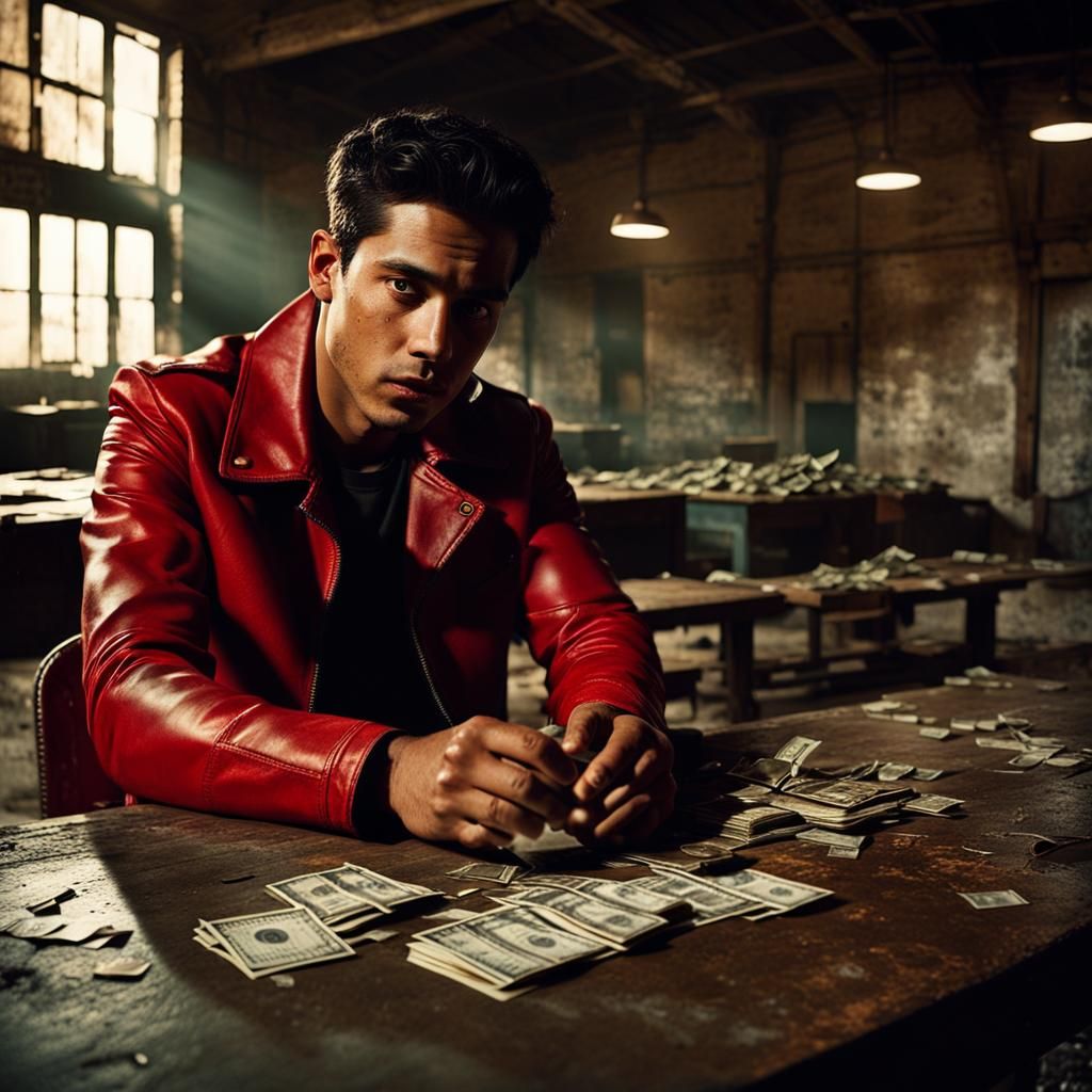 Gritty Cinematic Scene: Young Man Counting Cash